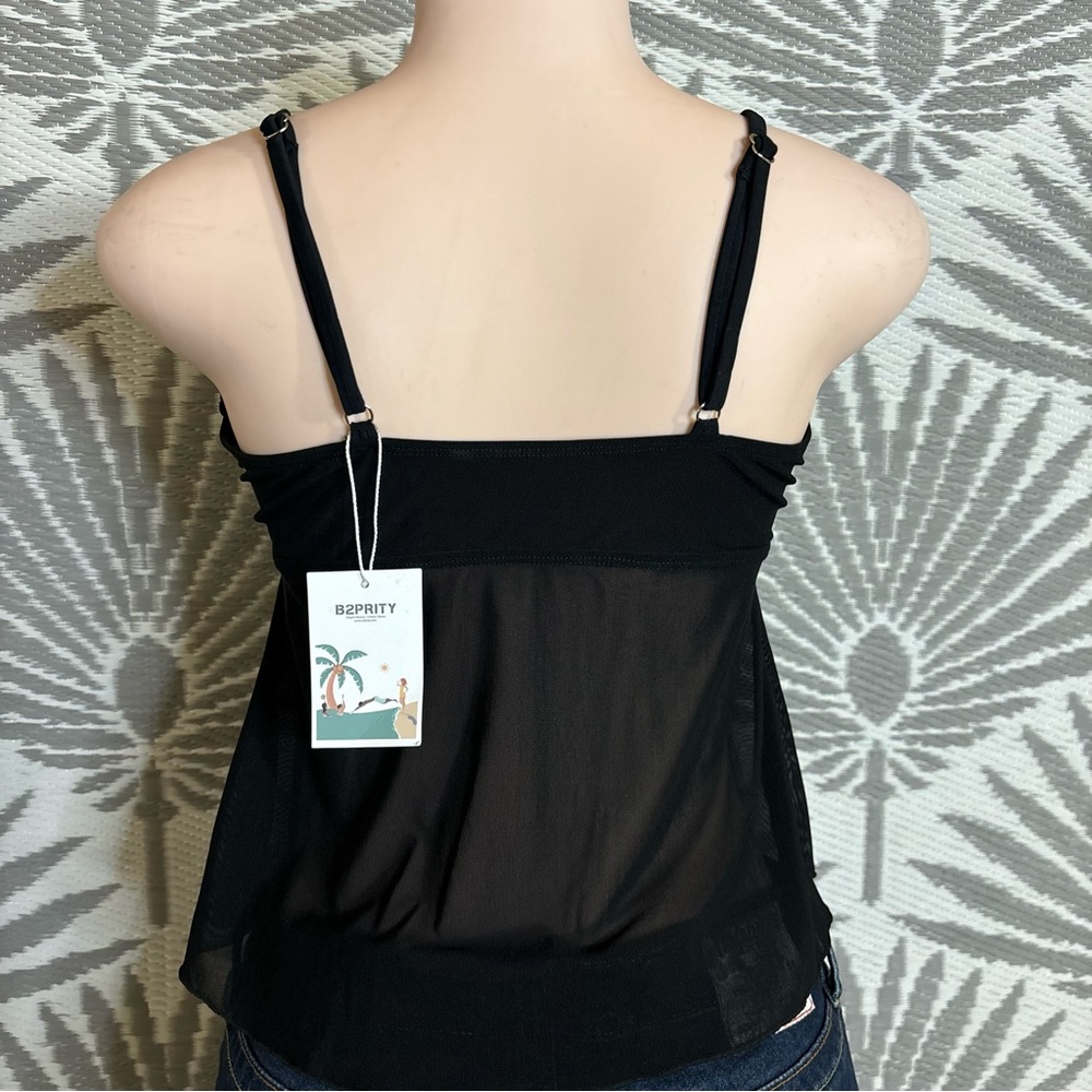 Sheer Mesh Asymmetrical Cutout Swim Top Tankini Black Flowy Babydoll Y2K Sz L - Picture 4 of 11